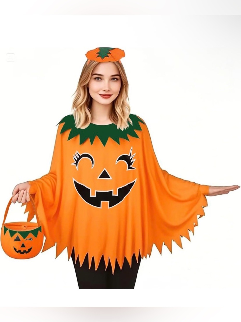 Pumpkin Halloween Costume Adult Women One Size Cape Poncho Hat Treat Bag Set NWT